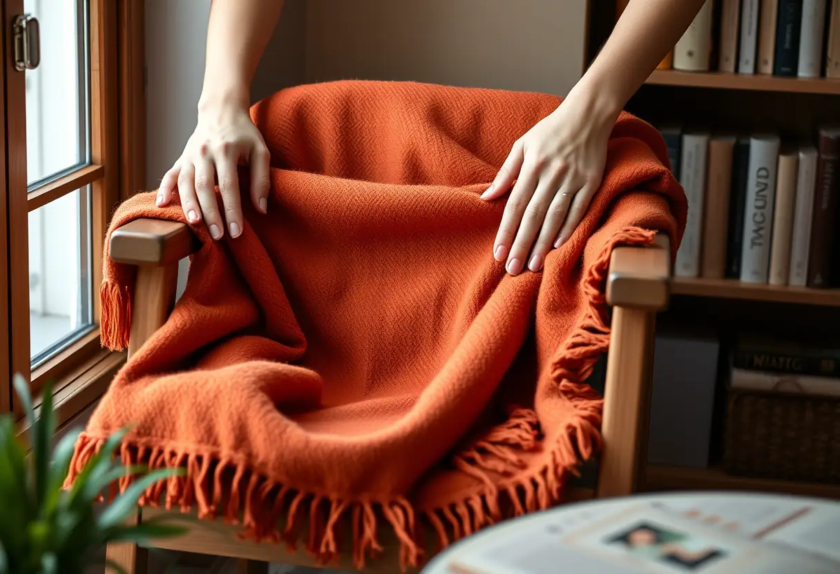 Mains étalant un plaid terracotta sur un fauteuil en bois, ambiance chaleureuse