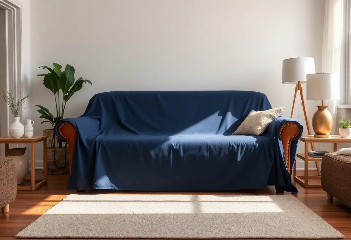 Un canapé en cuir avec une housse en polyester bleu, guide des couvre-canapés