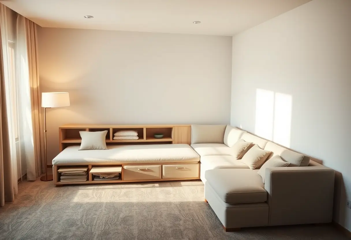 Un fauteuil-lit d'angle avec des compartiments de rangement dans un coin de chambre bien éclairé