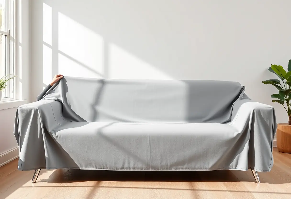Une housse en microfibre grise est posée sur un canapé moderne angulaire
