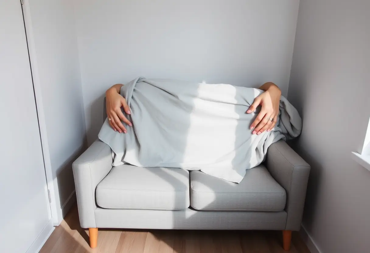 Des mains repliant une couverture sur un canapé deux places compact dans un petit studio, texte alternatif en français