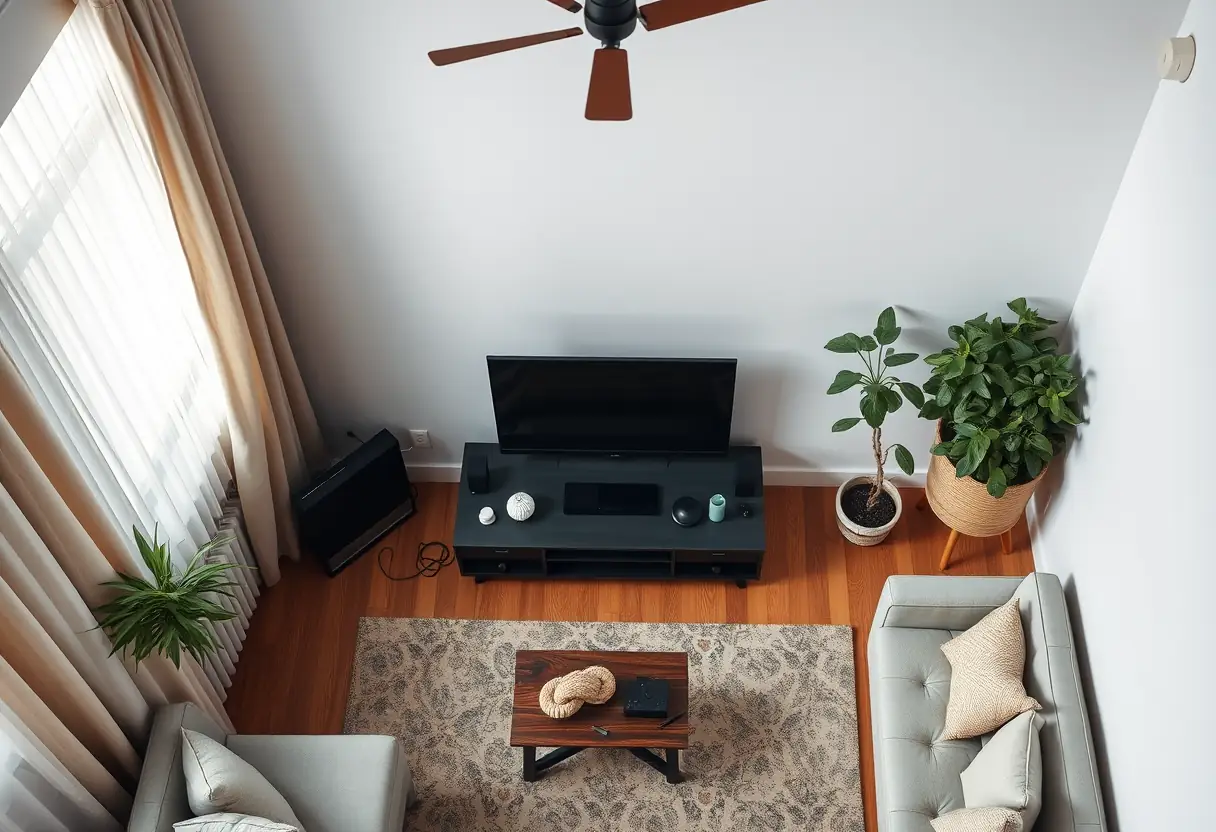 Vue aérienne d'un meuble TV d'angle partiellement monté dans un salon