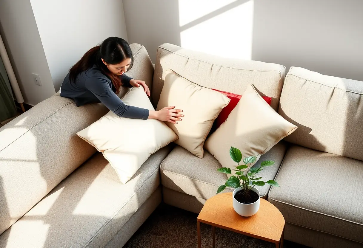 Personne arrange des coussins sur un canapé d'angle