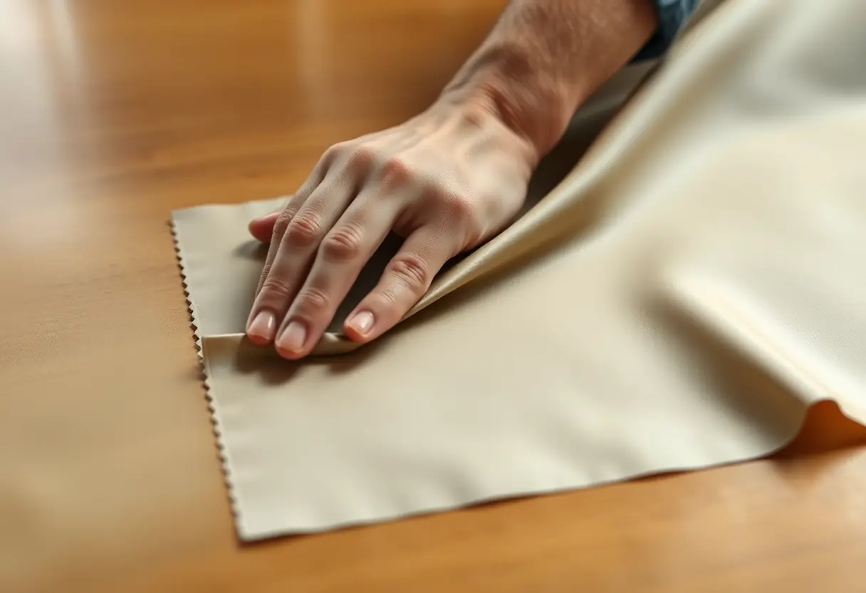 Une main qui repasse un échantillon de tissu togo sur un bureau